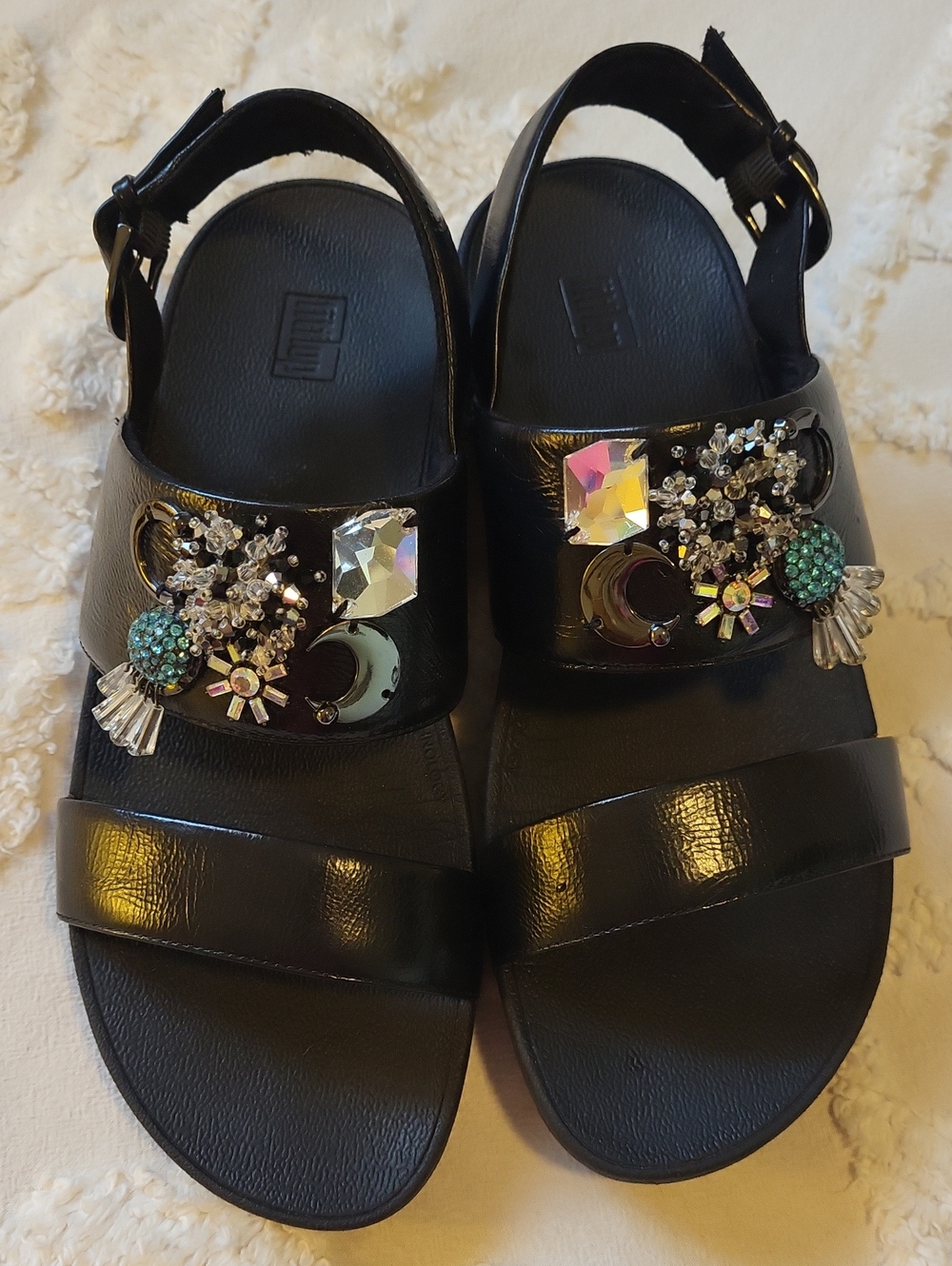 Fitflop Black Jeweled Slingback Wedge Sandals WO's Size 8